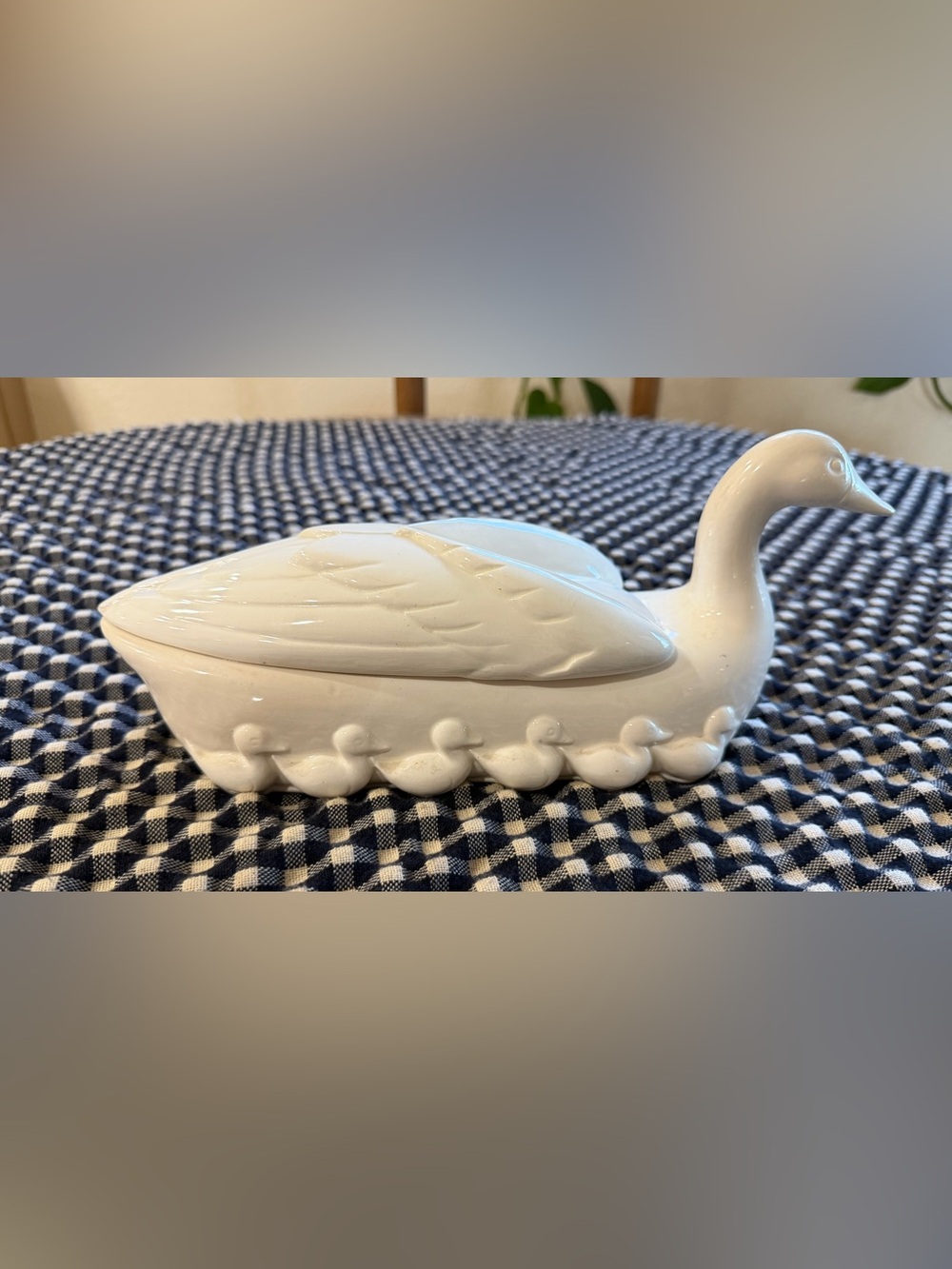 White Ceramic Duck Dish/ Trinket Box with Duckling Accent
